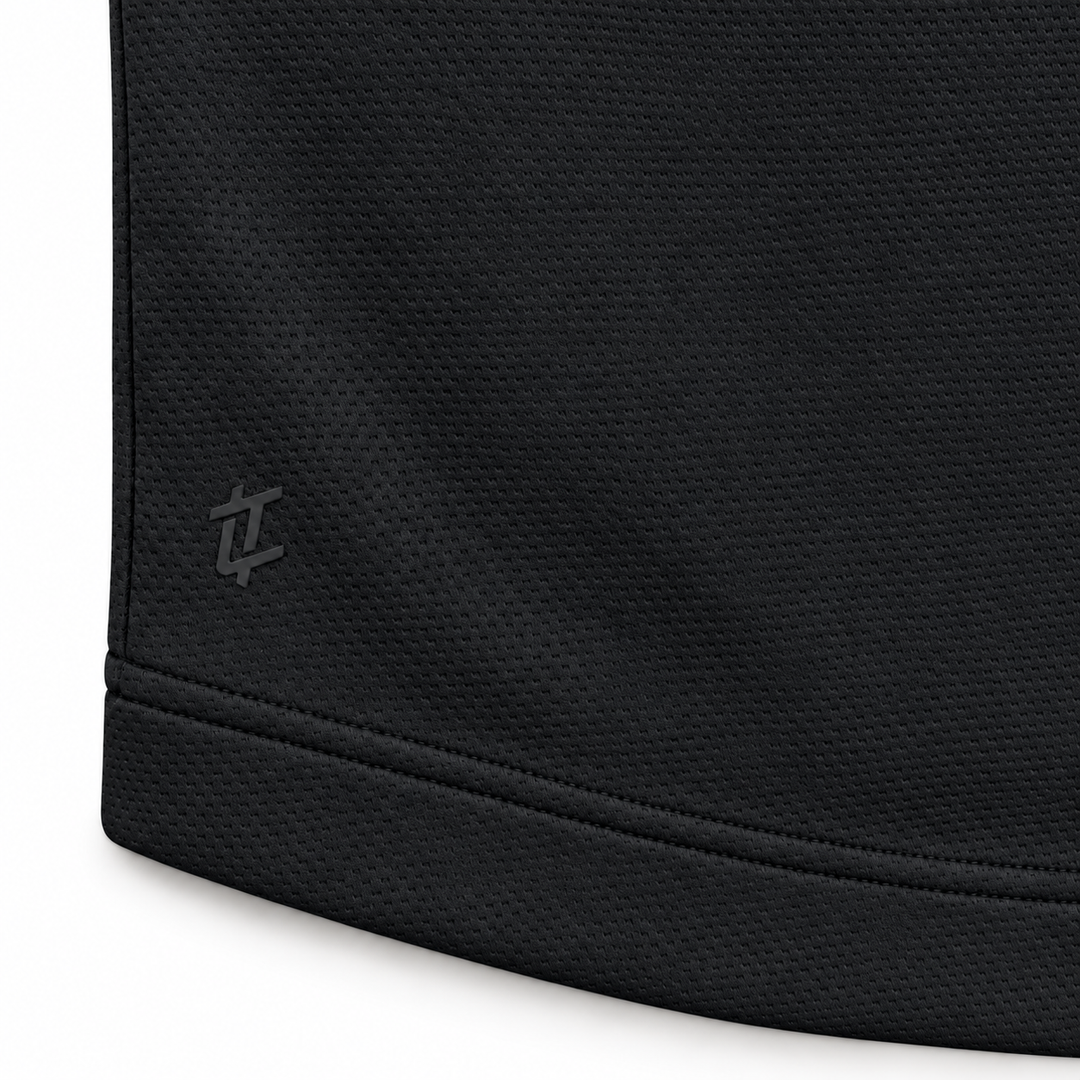 The Standard Crew in Black, tonal logo and hem detail