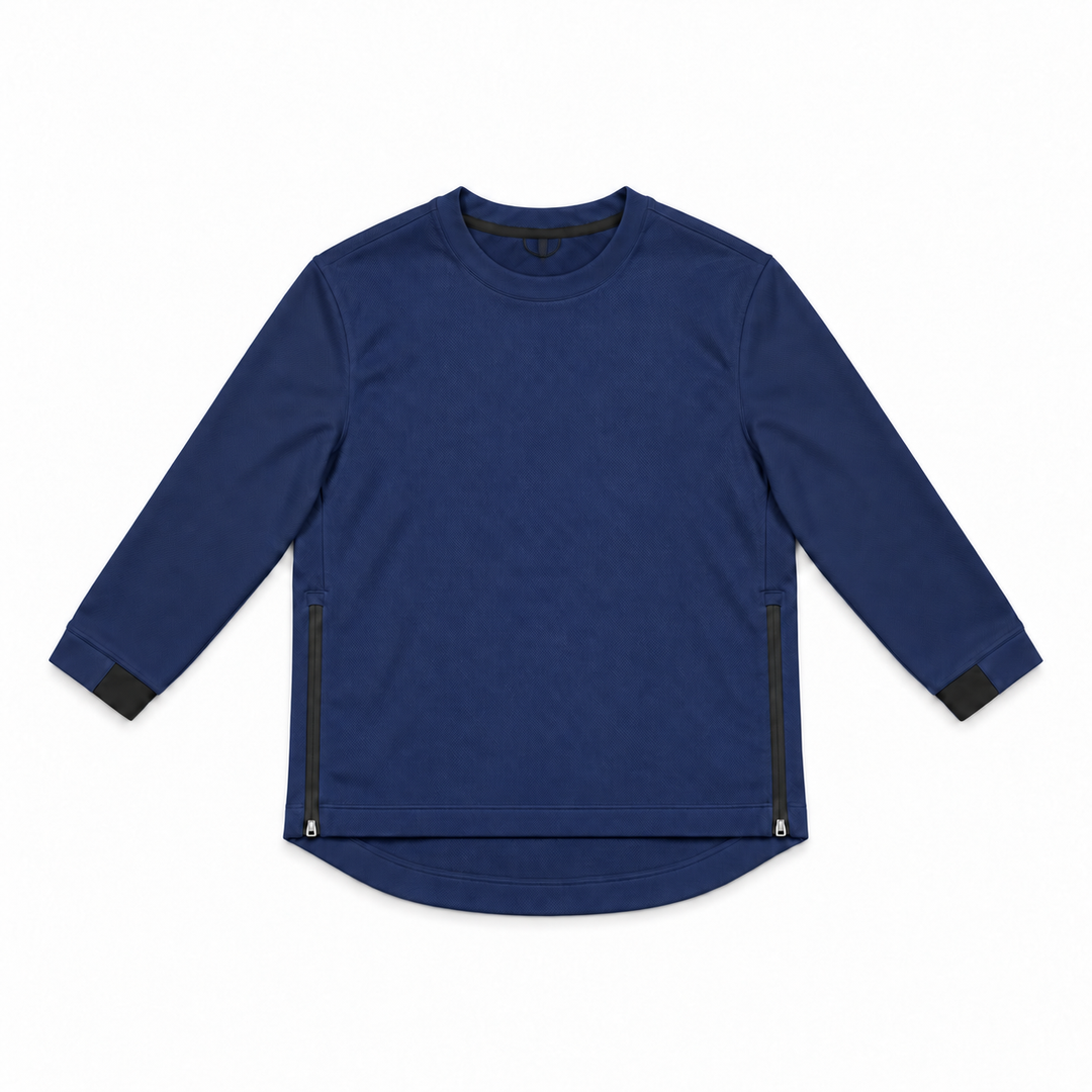 The Standard Crew in Navy, front view with black side zippers and cuff accents