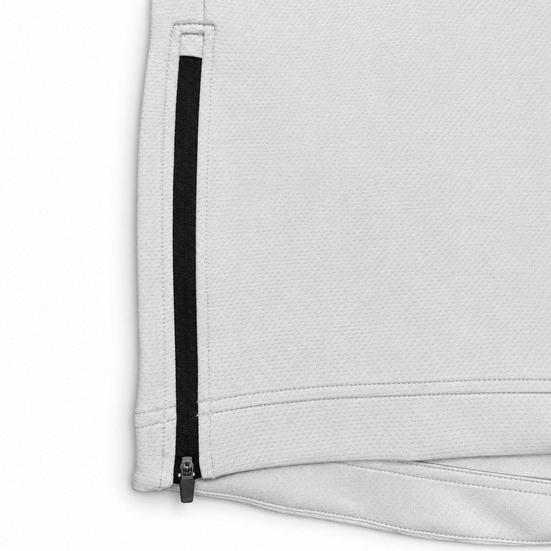 The Standard Crew in Silver, side zipper detail