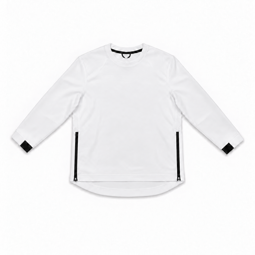 The Standard Crew in White, front view with black side zippers and cuff accents