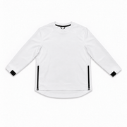 The Standard Crew in White, front view with black side zippers and cuff accents